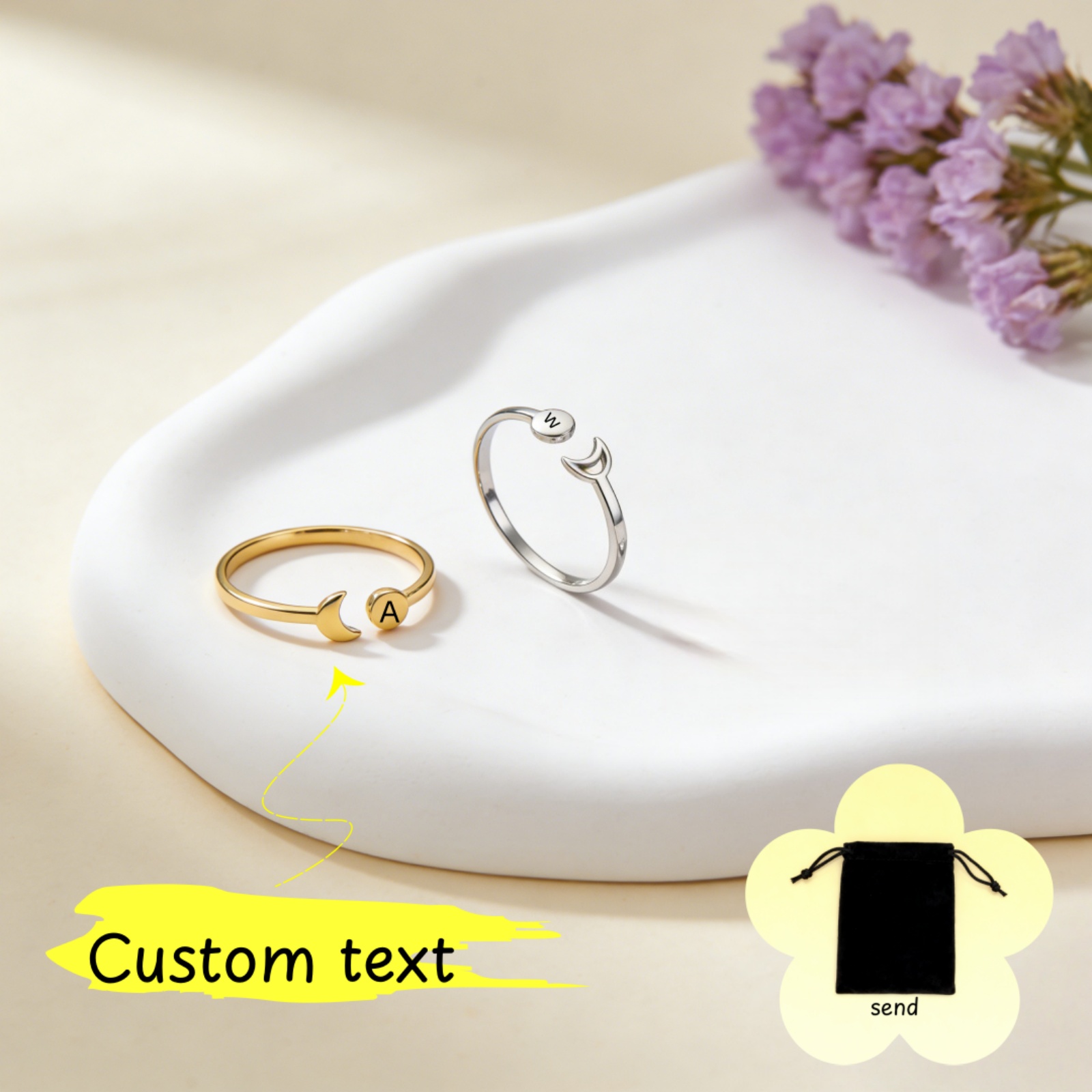 Initial Ring Custom - Customized Name A-Z Initial Retro Moon
