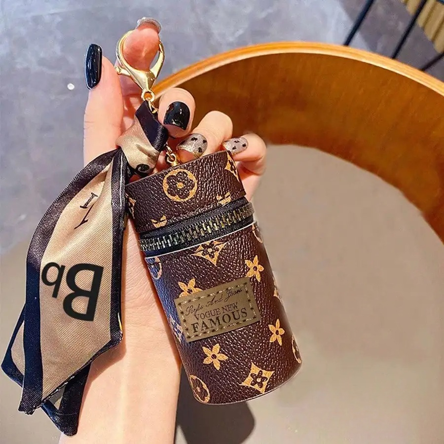 Monogram Keychain Leather - Vintage Brown Monogram Print Cylindrical PU
