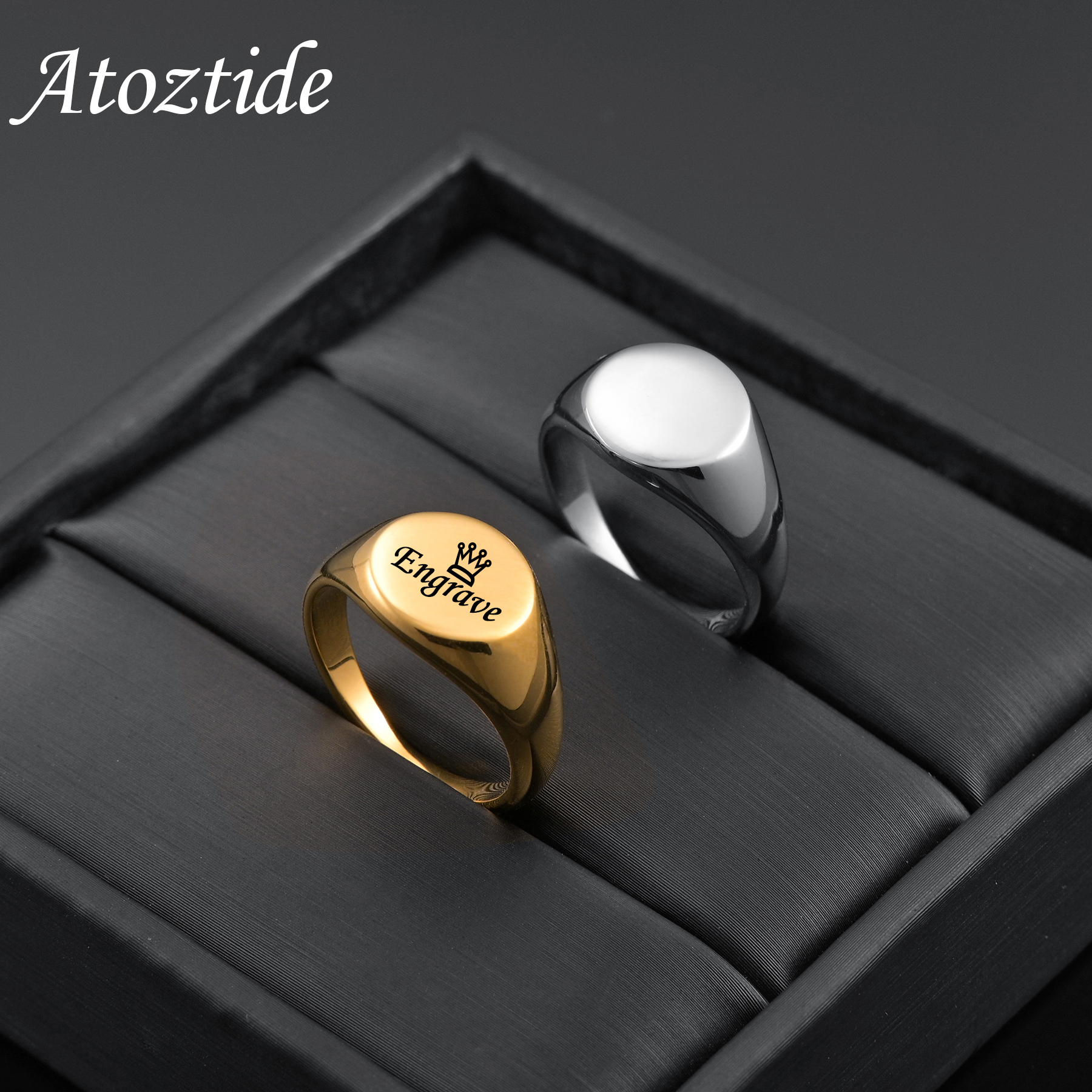 Initial Ring Custom - Atoztide Custom Engraved Ring Stainless Steel