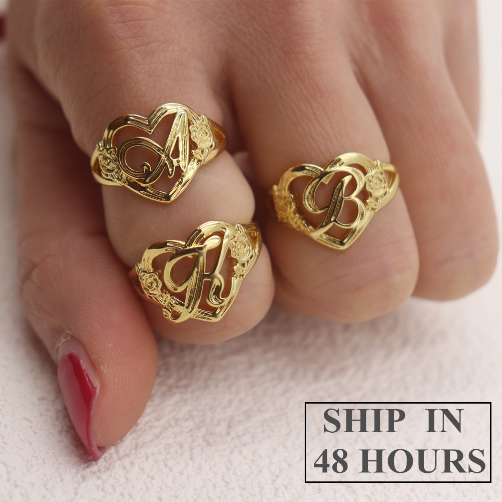 Gold Personalized Initials Hea - Initial Ring Custom 评论和价格