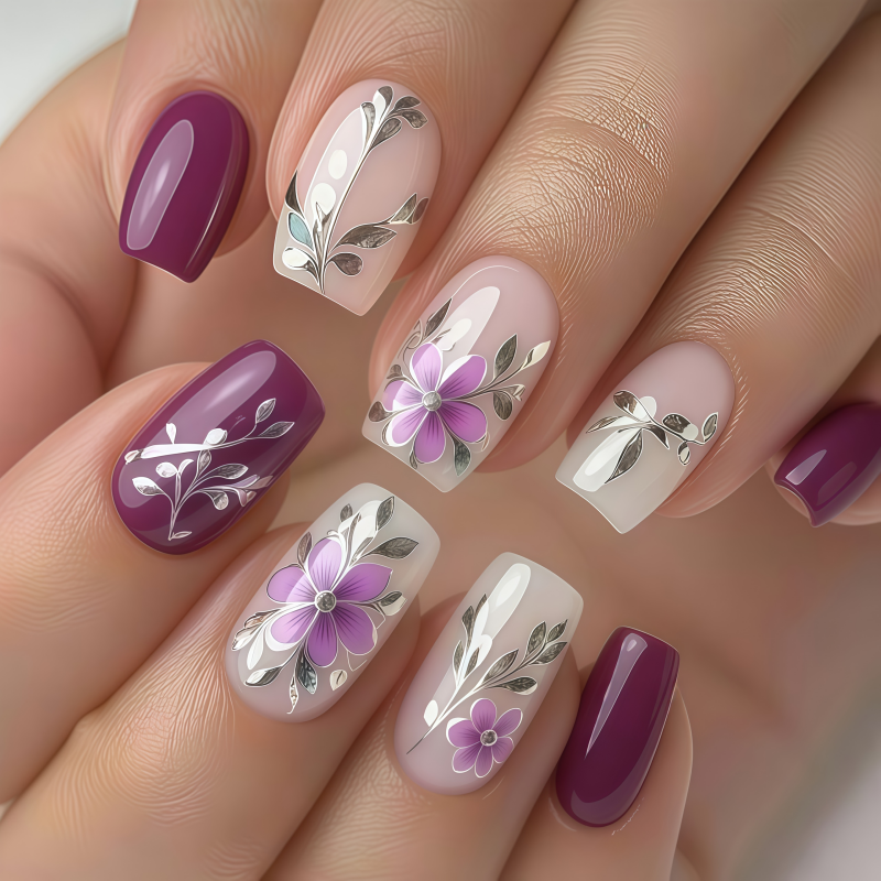 24PCSPurple Press on Nails Med - Pressed Flower Art 评论和价格