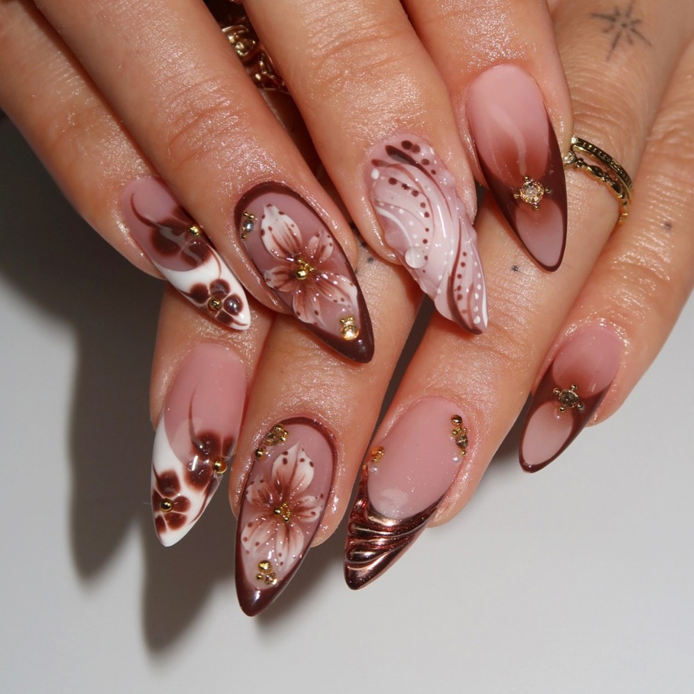 24Pcs 3D French Press On Nails - Pressed Flower Art 评论和价格