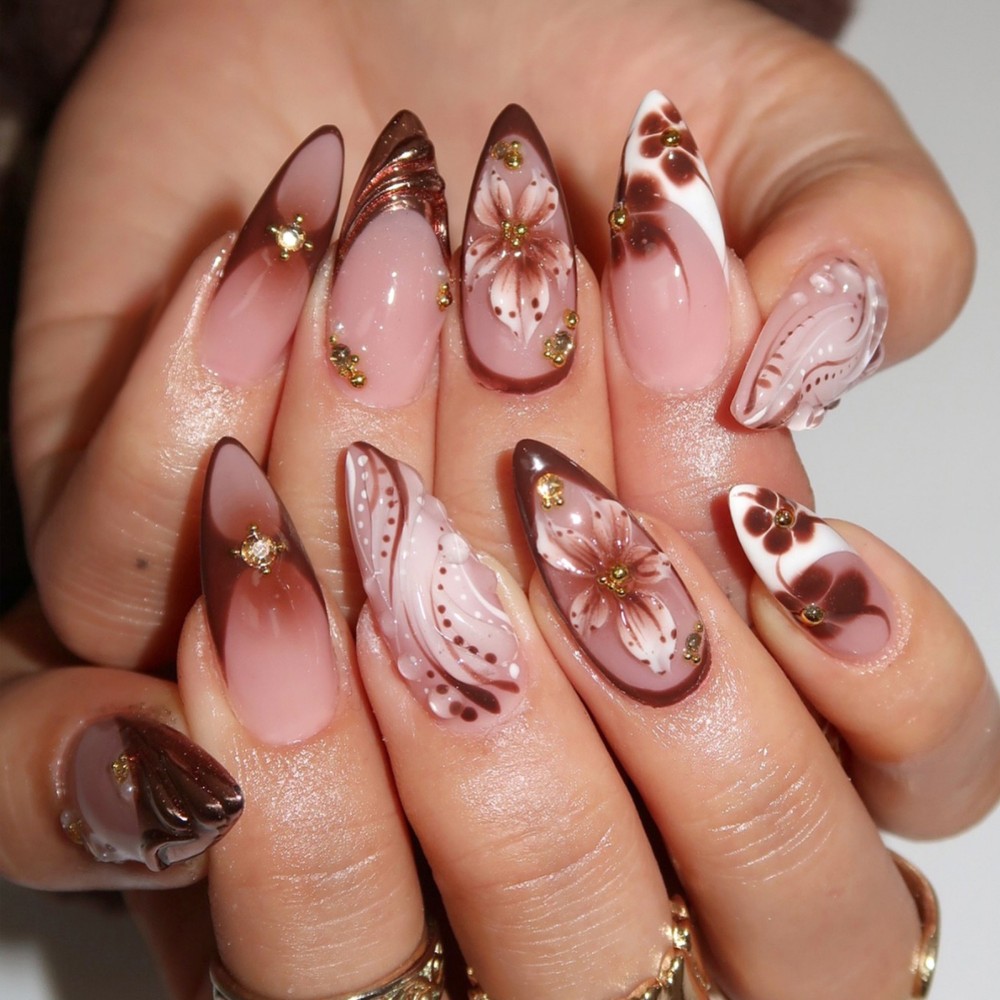 24Pcs 3D French Press On Nails - Pressed Flower Art 评论和价格